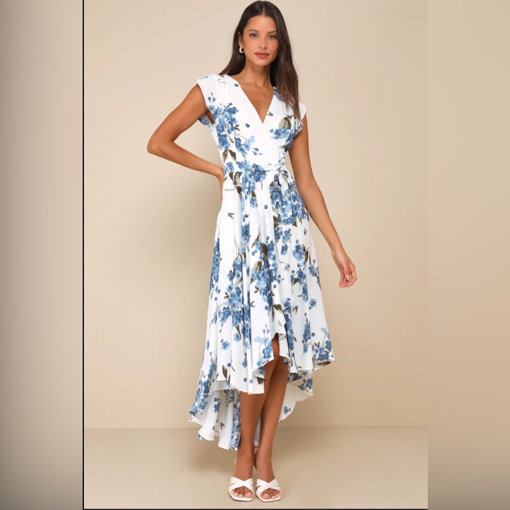 French Countryside White Floral Print High-Low Dress